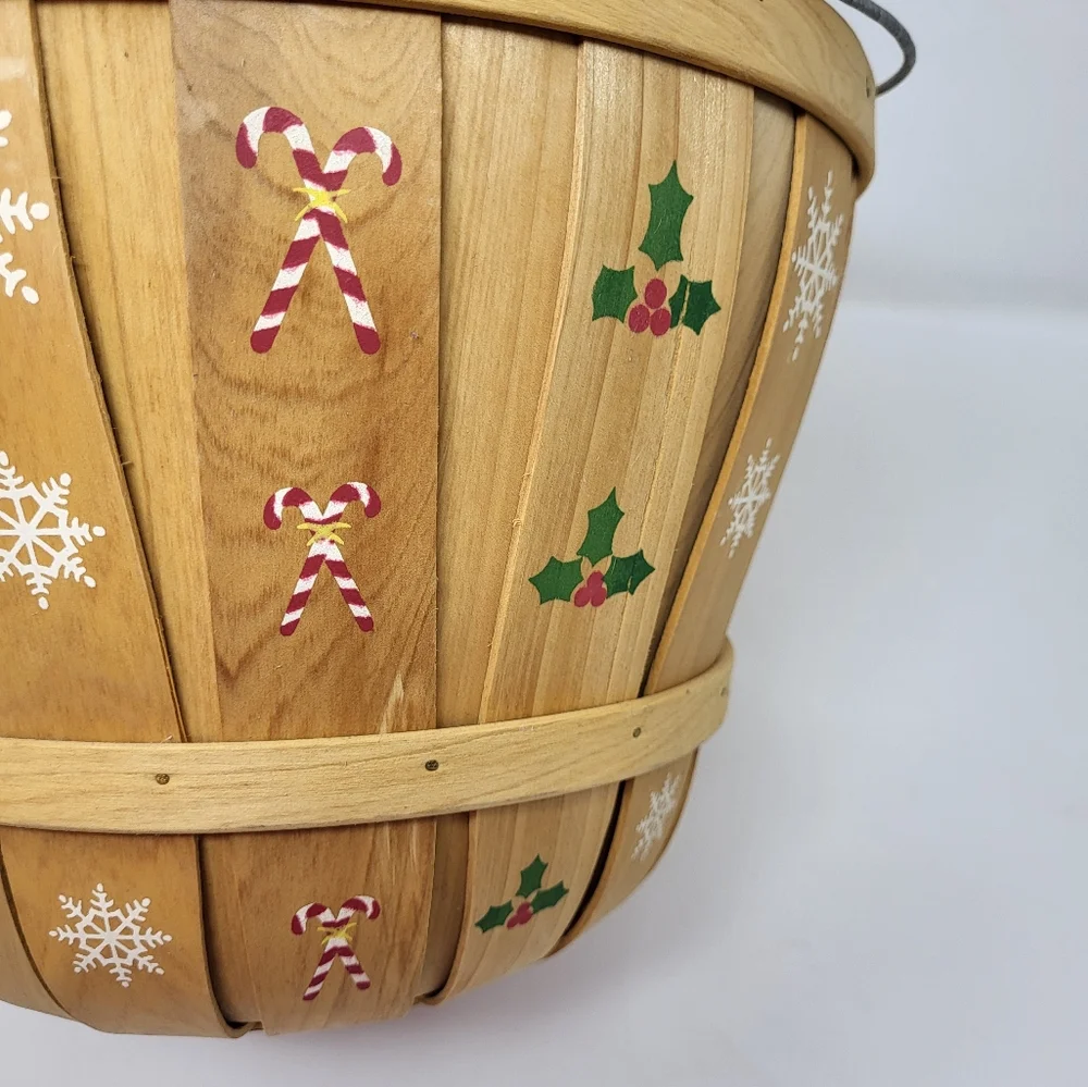 Christmas Holly Snowflake Candy Cane‎ Wooden Round Bucket Basket Bushel